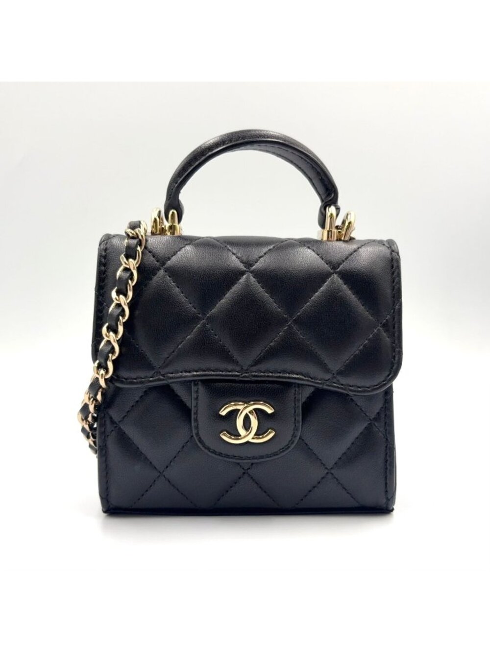 Chanel Quilted Top Handle Lambskin Black Chain Shoulder Bag Gold